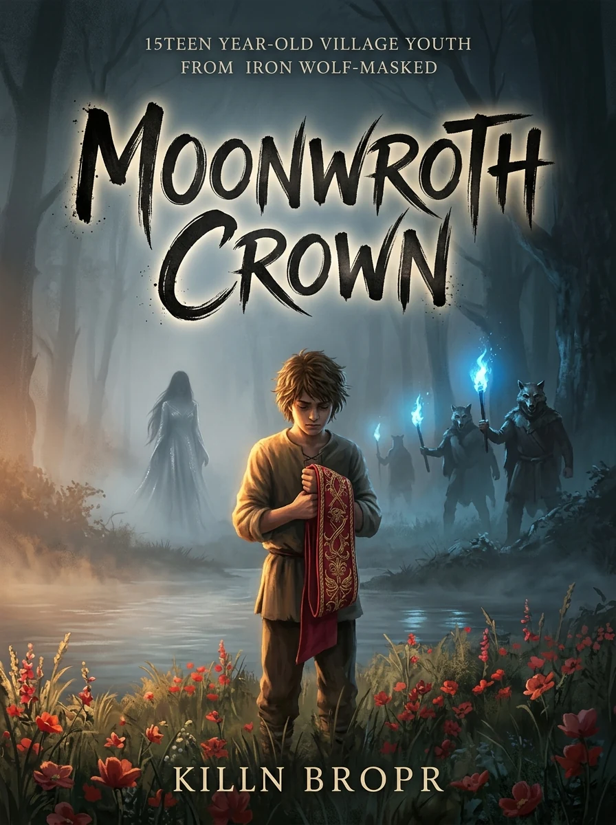 Moonwroth Crown — Fantasy manga cover, AI-generated classic manga style, traditional japanese manga aesthetic, clean linework, precise inking, screentone shading, expressive character designs, dynamic panel compositions, reminiscent of 1980s-1990s shonen and seinen manga, detailed backgrounds, speed lines for action, dramatic shadows. color palette: high contrast black and white with gray screentone patterns,  art