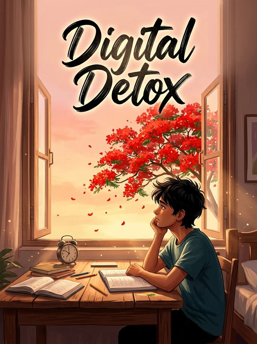 Digital Detox — Slice of Life manga cover, AI-generated eiichiro oda-inspired art style, shonen manga aesthetic, bold confident ink lines, dynamic exaggerated anatomy, cross-hatching shading technique, highly detailed environmental storytelling, dramatic perspective composition, expressive linework with varying stroke weight, classic weekly shonen jump magazine visual style, professional full color manga illustration with vibrant saturated colors, clean cel-shading, print-ready quality, original characters only, no existing manga ip characters art