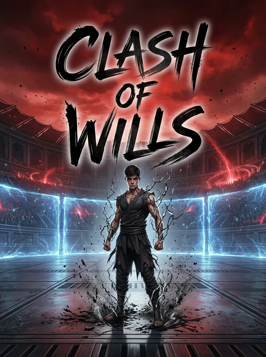 Clash of wills — Fantasy manga cover, AI-generated korean manhwa style, webtoon illustration, semi-realistic anatomy, 
detailed muscle definition with glossy skin sheen and oily highlights, 
strong specular lighting on skin, deep shadow contrast, 
painterly cel-shading, clean crisp linework, 
muted earthy color palette, desaturated warm tones, 
professional character design sheet quality art